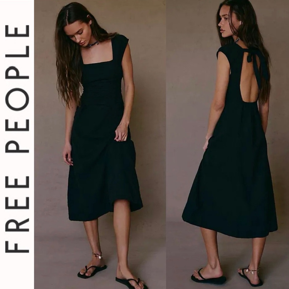 NEW Free People Free-EST Cartagena Black Cotton Linen Blend Midi Dress xs